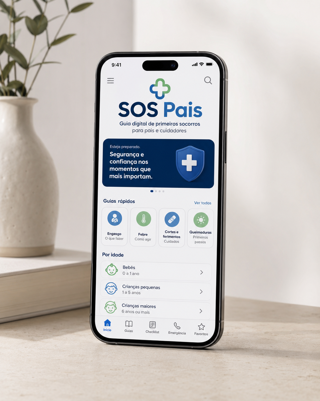 Mockup do guia digital SOS Pais aberto no celular